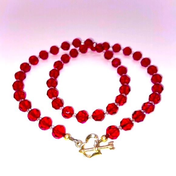 Pink & Clear Faceted Glass Bead Necklace. Heart Shape Toggle Clasp. 20 Inch - Picture 3 of 7